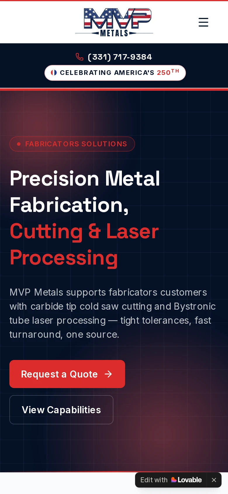 MVP Metals website homepage displayed on a mobile device