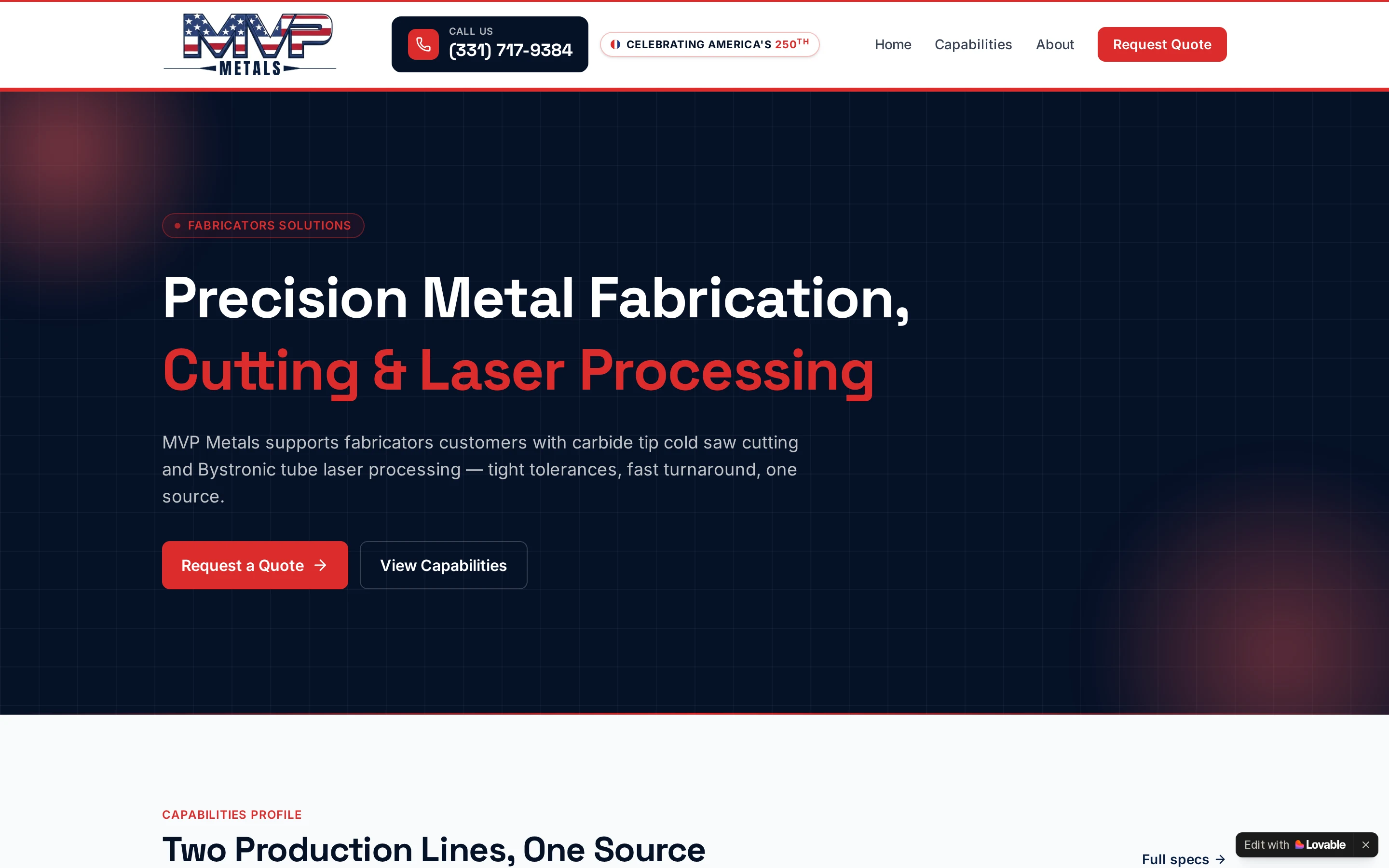 MVP Metals website homepage displayed in a desktop browser