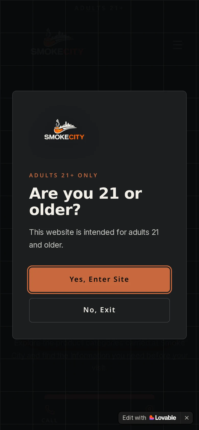 Smoke City website homepage displayed on a mobile device